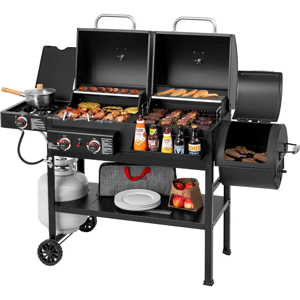2-Burner Gas Charcoal Combo Grill Smoker,  Dual Fuel.