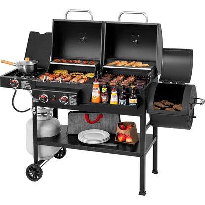2-Burner Gas Charcoal Combo Grill Smoker,  Dual Fuel.