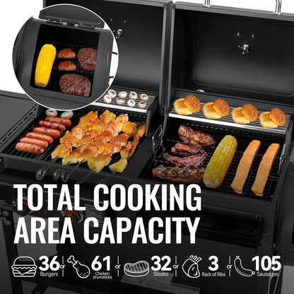 2-Burner Gas Charcoal Combo Grill Smoker,  Dual Fuel.