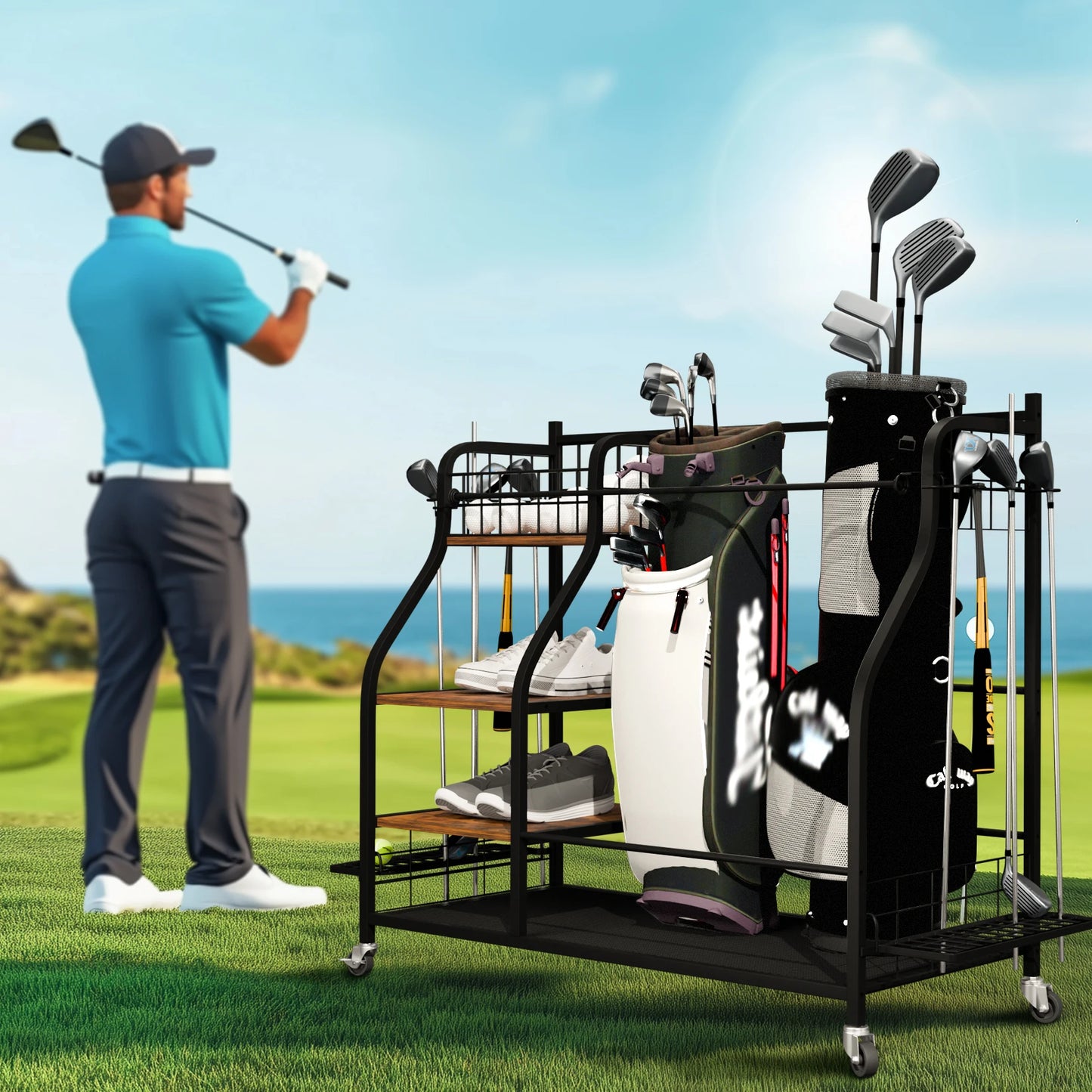 Rolling Golf Bags Storage Shelf Metal