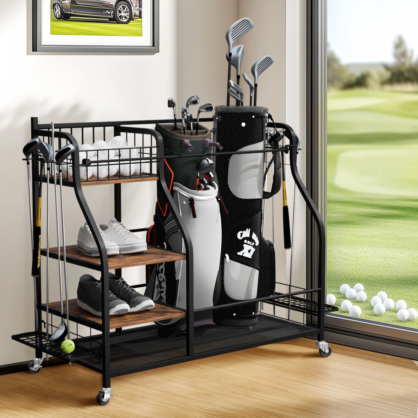 Rolling Golf Bags Storage Shelf Metal