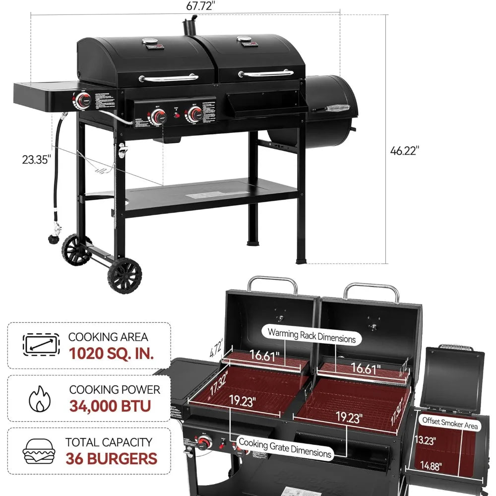 2-Burner Gas Charcoal Combo Grill Smoker,  Dual Fuel.